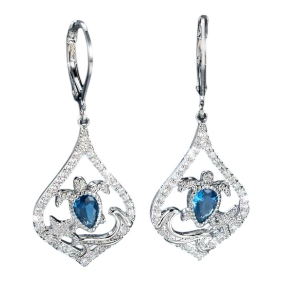 Turtle Silver Dangle Earrings blue topaz ocean animal‎ beach nautical coastal - Picture 1 of 5